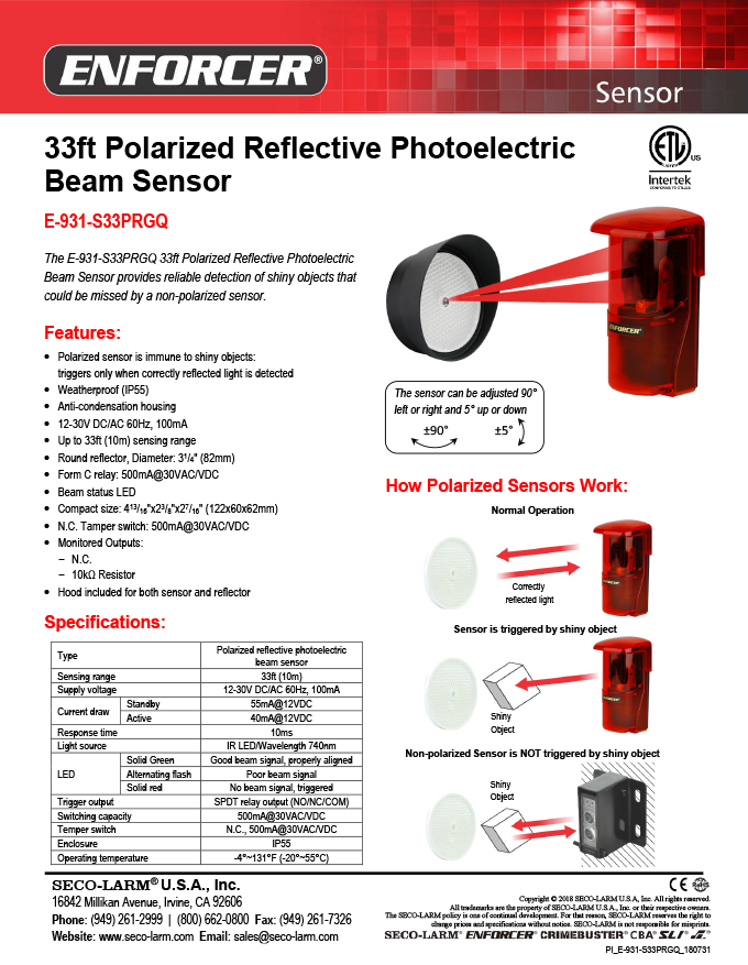 thumbnail image 2 of Seco-Larm Enforcer IR Reflective Photoelectric Beam Sensor – 50 Ft Range, E-931-S50RRGQ, Perimeter Security 2 of 3