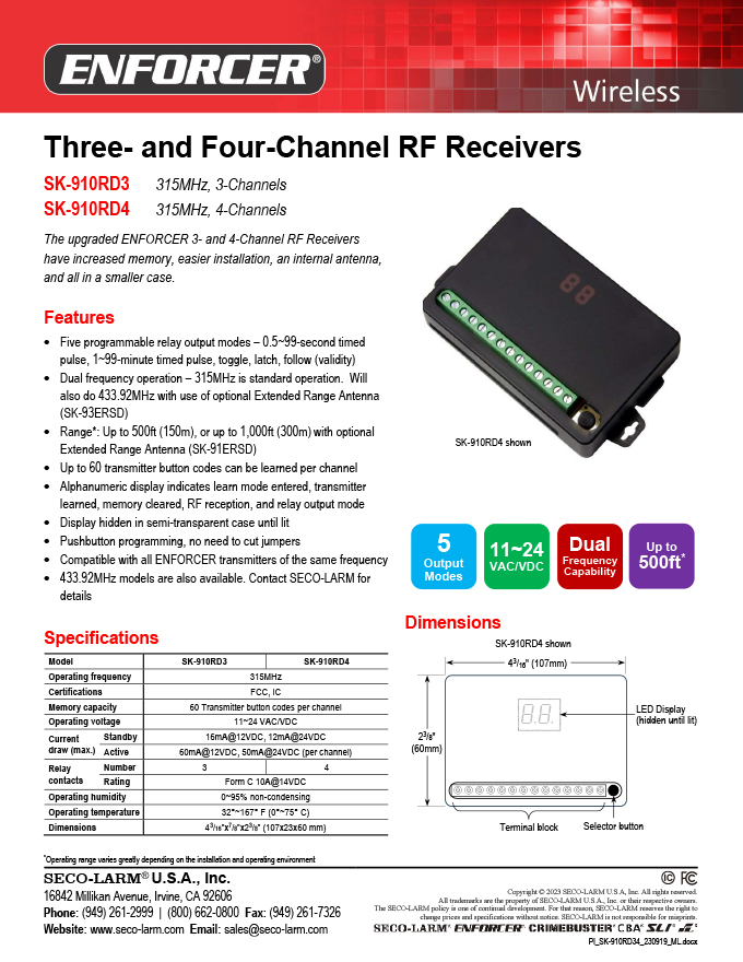 Seco-Larm Enforcer RF Receiver – 917MHz, 2 Channels, Model HL-951R2-SQ 1 thumbnail image