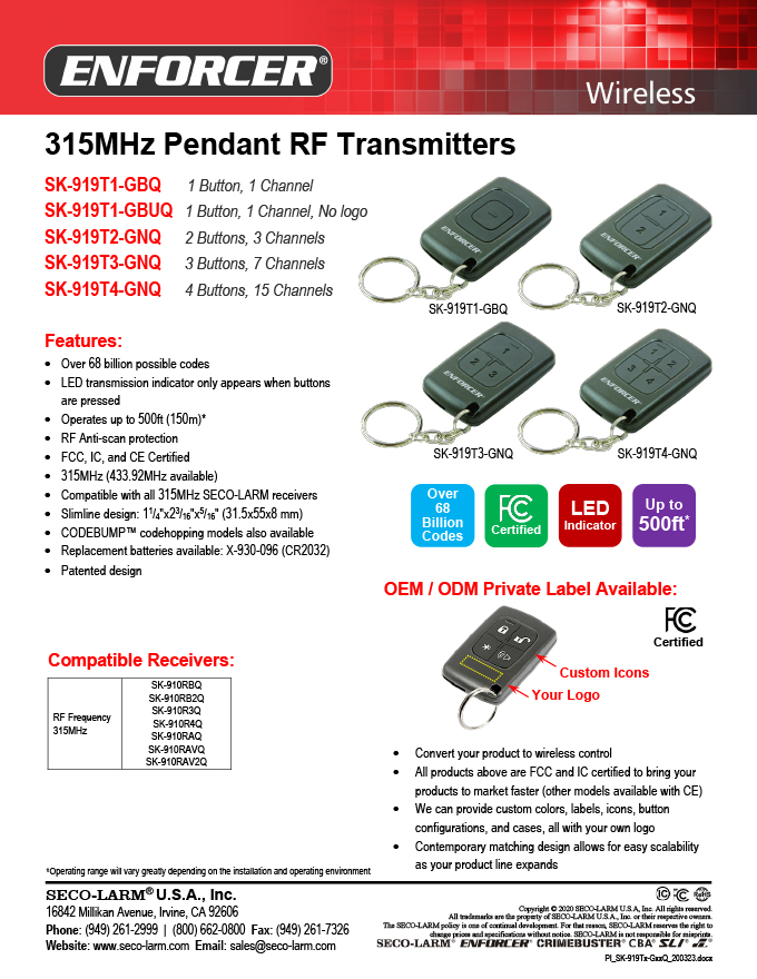 Seco-Larm SK-919T1-GBUQ RF Key Fob Transmitter - 315MHz / 1 Button 1 ...